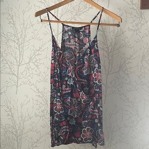 Lucky Brand Navy Floral Slip Cami with Pink and Red Blooms